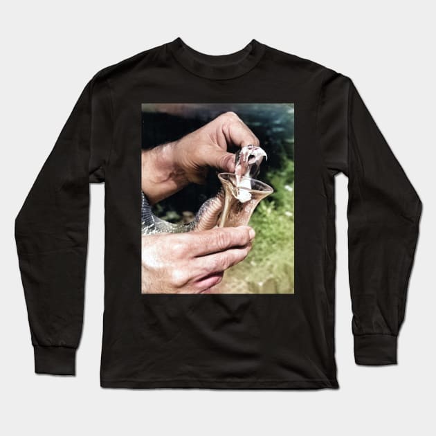 colorized vintage photo of snake venom extraction Long Sleeve T-Shirt by In Memory of Jerry Frank